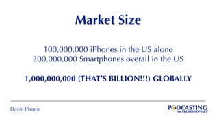 David Pisarra
Market Size
100,000,000 iPhones in the US alone
200,000,000 Smartphones overall in the US
1,000,000,000 (THAT’S BILLION!!!) GLOBALLY
 