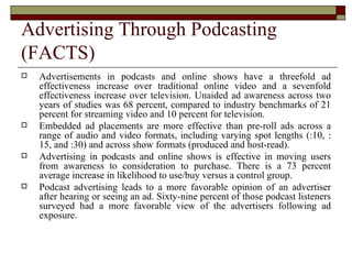 Advertising Through Podcasting (FACTS) Advertisements in podcasts and online shows have a threefold ad effectiveness increase over traditional online video and a sevenfold effectiveness increase over television. Unaided ad awareness across two years of studies was 68 percent, compared to industry benchmarks of 21 percent for streaming video and 10 percent for television. Embedded ad placements are more effective than pre-roll ads across a range of audio and video formats, including varying spot lengths (:10, :15, and :30) and across show formats (produced and host-read). Advertising in podcasts and online shows is effective in moving users from awareness to consideration to purchase. There is a 73 percent average increase in likelihood to use/buy versus a control group. Podcast advertising leads to a more favorable opinion of an advertiser after hearing or seeing an ad. Sixty-nine percent of those podcast listeners surveyed had a more favorable view of the advertisers following ad exposure. 