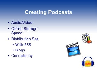 Creating Podcasts Audio/Video Online Storage Space Distribution Site  With RSS Blogs Consistency 