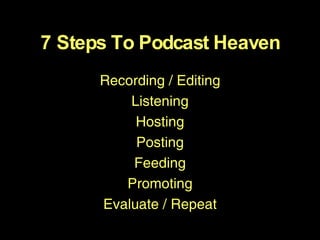 7 Steps To Podcast Heaven Recording / Editing Listening Hosting Posting Feeding Promoting Evaluate / Repeat 