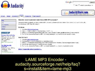 Audacity LAME MP3 Encoder - audacity.sourceforge.net/help/faq? s=install&item=lame-mp3 
