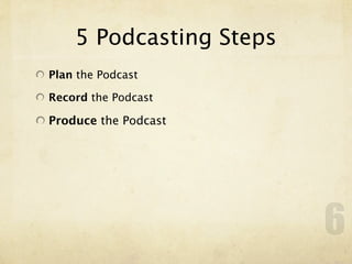 5 Podcasting Steps
Plan the Podcast

Record the Podcast

Produce the Podcast




                         6
 