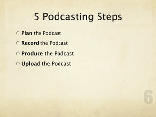 5 Podcasting Steps
Plan the Podcast

Record the Podcast

Produce the Podcast

Upload the Podcast




                         6
 