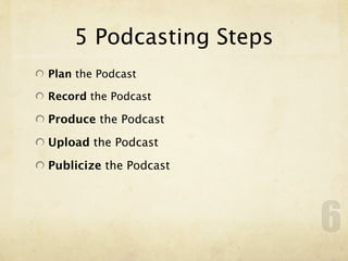 5 Podcasting Steps
Plan the Podcast

Record the Podcast

Produce the Podcast

Upload the Podcast

Publicize the Podcast




                         6
 