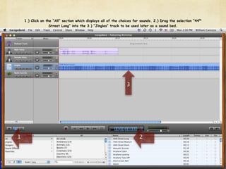 1.) Click on the “All” section which displays all of the choices for sounds. 2.) Drag the selection “44th
                   Street Long” into the 3.) “Jingles” track to be used later as a sound bed.




                                                                3




1                                                                       2
 