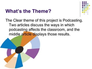 What’s the Theme? The Clear theme of this project is Podcasting.  Two articles discuss the ways in which podcasting affects the classroom, and the middle article displays those results. 