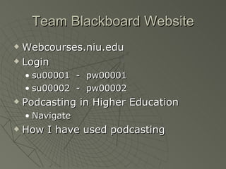 Team Blackboard Website Webcourses.niu.edu Login su00001  -  pw00001 su00002  -  pw00002 Podcasting in Higher Education Navigate How I have used podcasting 