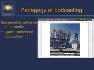 Pedagogy of podcasting Instrumental: enhance other media Apple: “enhanced podcasting” 