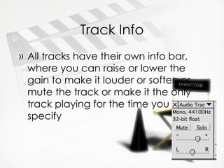 Track Info All tracks have their own info bar, where you can raise or lower the gain to make it louder or softer, or mute the track or make it the only track playing for the time you specify 