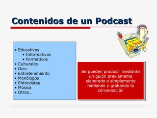 Contenidos de un Podcast Se pueden producir mediante un guión previamente elaborado o simplemente hablando y grabando la conversación Educativos Informativos Formativos Culturales Ocio Entretenimiento Monólogos  Entrevistas Música Otros… 