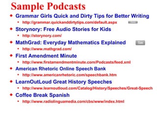 Sample Podcasts Grammar Girls Quick and Dirty Tips for Better Writing http://grammar.quickanddirtytips.com/default.aspx   Storynory: Free Audio Stories for Kids http://storynory.com/   MathGrad: Everyday Mathematics Explained http://www.mathgrad.com/ First Amendment Minute http://www.firstamendmentminute.com/Podcasts/feed.xml American Rhetoric Online Speech Bank http://www.americanrhetoric.com/speechbank.htm LearnOutLoud Great History Speeches http://www.learnoutloud.com/Catalog/History/Speeches/Great-Speeches-in-History-Podcast/21306 Coffee Break Spanish http://www.radiolinguamedia.com/cbs/www/index.html 