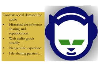 Context: social demand for audio Historical arc of music sharing and republication Web audio grows steadily Net.gen life experience File-sharing persists… 