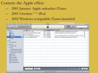 Context: the Apple effect 2001 January: Apple unleashes iTunes 2001 October: “ “ iPod 2002 Windows compatible iTunes launched 