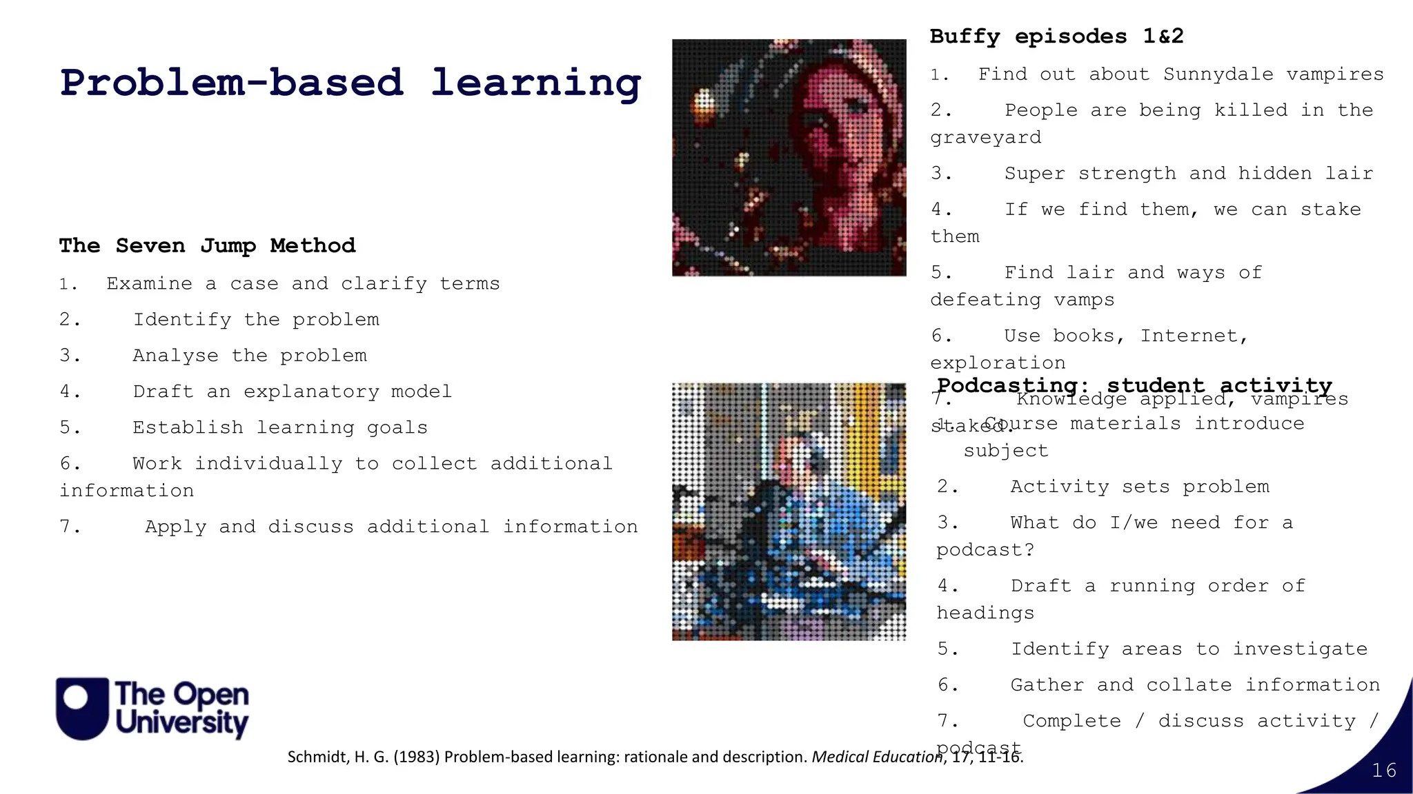 16
Problem-based learning
The Seven Jump Method
1. Examine a case and clarify terms
2. Identify the problem
3. Analyse the problem
4. Draft an explanatory model
5. Establish learning goals
6. Work individually to collect additional
information
7. Apply and discuss additional information
Schmidt, H. G. (1983) Problem-based learning: rationale and description. Medical Education, 17, 11-16.
Buffy episodes 1&2
1. Find out about Sunnydale vampires
2. People are being killed in the
graveyard
3. Super strength and hidden lair
4. If we find them, we can stake
them
5. Find lair and ways of
defeating vamps
6. Use books, Internet,
exploration
7. Knowledge applied, vampires
staked.
Podcasting: student activity
1. Course materials introduce
subject
2. Activity sets problem
3. What do I/we need for a
podcast?
4. Draft a running order of
headings
5. Identify areas to investigate
6. Gather and collate information
7. Complete / discuss activity /
podcast
 