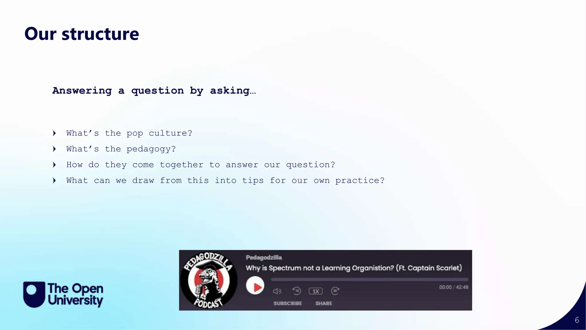 6
Answering a question by asking…
Our structure
What’s the pop culture?
What’s the pedagogy?
How do they come together to answer our question?
What can we draw from this into tips for our own practice?
 