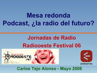 Mesa redonda
Podcast, ¿la radio del futuro?

       Jornadas de Radio
      Radiooeste Festival 06



    Carlos Tejo Alonso - Mayo 2006
 