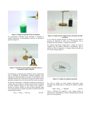 Figura 2. Imagem da queima da fita de magnésio.
                                                                     Figura 4. Solução incolor comprovando a formação do ácido
Os experimentos realizados foram mostrados e enquanto as                                      carbônico.
reações aconteciam, os apresentadores narravam os fenômenos
químicos (Figura 3).                                                A cor inicial da solução presente no béquer era rosa devido à
                                                                    presença do hidróxido de sódio com a fenolftaleína. Com a
                                                                    formação do ácido carbônico, a solução ficou incolor.
                                                                    No segundo experimento comprovamos a síntese do óxido de
                                                                    magnésio (Eq II) também utilizando a fenolftaleína. Após a
                                                                    queima das fitas do magnésio, os vestígios foram colocados em
                                                                    um vidro de relógio (figura 5).




   Figura 3. Narração da apresentadora enquanto ocorre a
                formação do ácido carbônico.


No podcasting, as formações das substâncias foram comprovadas
com a utilização da fenolftaleína, composto utilizado como
indicador de acidez/basicidade em soluções. A fenolftaleína é uma
substância incolor que na presença de soluções de caráter básico,            Figura 5. Vestígios do magnésio queimado.
apresenta coloração rosa, e em meio ácido fica incolor novamente.
No primeiro experimento, é verificada a mudança de coloração da
                                                                    No vidro de relógio ao óxido formado adicionamos água,
solução antes rosa (Figura 3), ficando incolor devido à formação
                                                                    formando uma solução básica, o hidróxido de magnésio, segundo
do ácido carbônico (Figura 4). Esta reação ocorre quando o
                                                                    a reação:
dióxido de carbono liberado no tubo de ensaio aquecido reage
com a água presente na solução, que pode ser expressa através da             MgO + H2O(aq) → Mg(OH)2                       (Eq IV)
equação química abaixo:
                                                                    Como o hidróxido de magnésio é uma solução básica ao
         CO2(g) + H2O(aq) → H2CO (aq)                  (Eq. III)    adicionarmos a fenolftaleína a solução instantaneamente passará
                                                                    para a cor rosa (Figura 6).
 