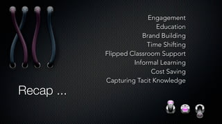 Engagement
Education
Brand Building
Time Shifting
Flipped Classroom Support
Informal Learning
Cost Saving
Capturing Tacit Knowledge
Recap ...
 