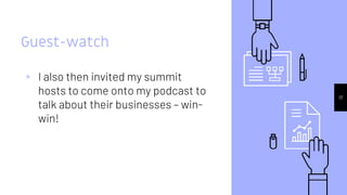 17
Guest-watch
▹ I also then invited my summit
hosts to come onto my podcast to
talk about their businesses – win-
win!
 