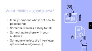 19
What makes a good guest?
▹ Ideally someone who is not new to
podcasting!
▹ Someone who has a story to tell
▹ Something to share with your
audience
▹ Someone who lets the interviewer
get a word in edgeways ;)
 