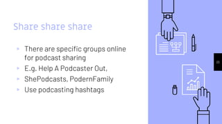 23
Share share share
▹ There are specific groups online
for podcast sharing
▹ E.g. Help A Podcaster Out,
▹ ShePodcasts, PodernFamily
▹ Use podcasting hashtags
 