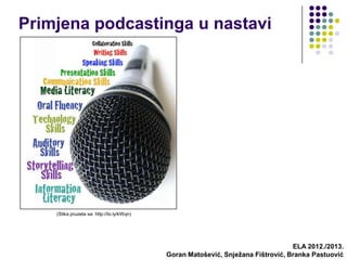 Primjena podcastinga u nastavi




    (Slika pruzeta sa: http://to.ly/kWqn)




                                                                                  ELA 2012./2013.
                                            Goran Matošević, Snježana Fištrović, Branka Pastuović
 