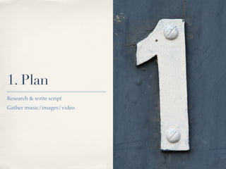 Software

✤   Any program that records & edits audio
✤   Optional extras: video and/or images; included loops & effects
✤   Software options:
         ✤   Audacity
         ✤   ACID Xpress
         ✤   Mixcraft 4.0
         ✤   TrakAx
         ✤   Movie-making apps (Windows Movie Maker)
         ✤   Screencasting apps (Jing, Camtasia)
 