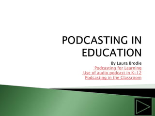 PODCASTING IN EDUCATION By Laura Brodie Podcasting for Learning  Use of audio podcast in K-12 Podcasting in the Classroom 