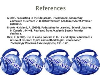 As a student always make sure that when you are creating a podcast that you do not give out any personal information because anyone can access what you export.Podcasting for Learning Part 2