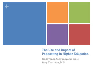 The Use and Impact of Podcasting in Higher Education Gallayanee Yaoyuneyong, Ph.D. Amy Thornton, M.S. 