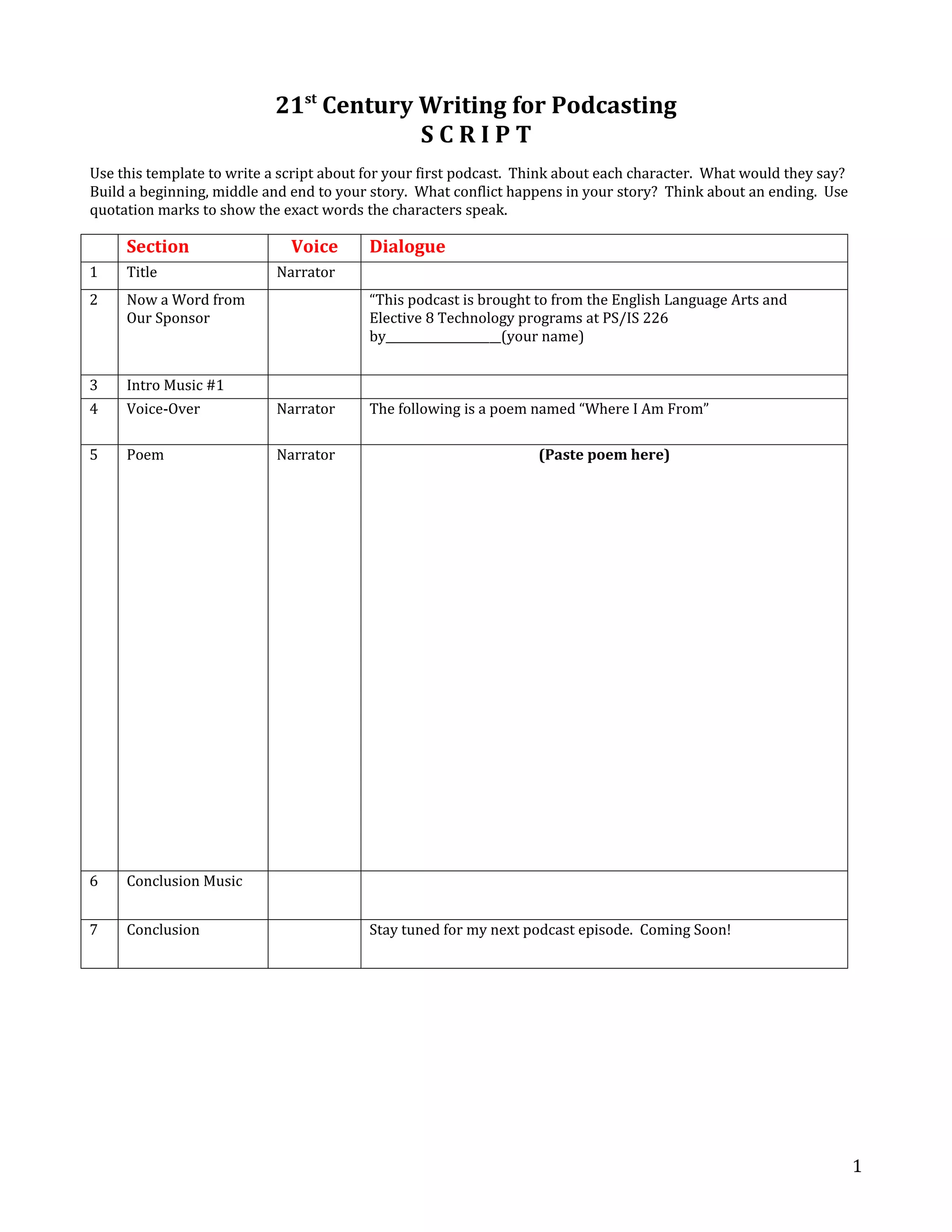 Podcasting storyboard template DOC