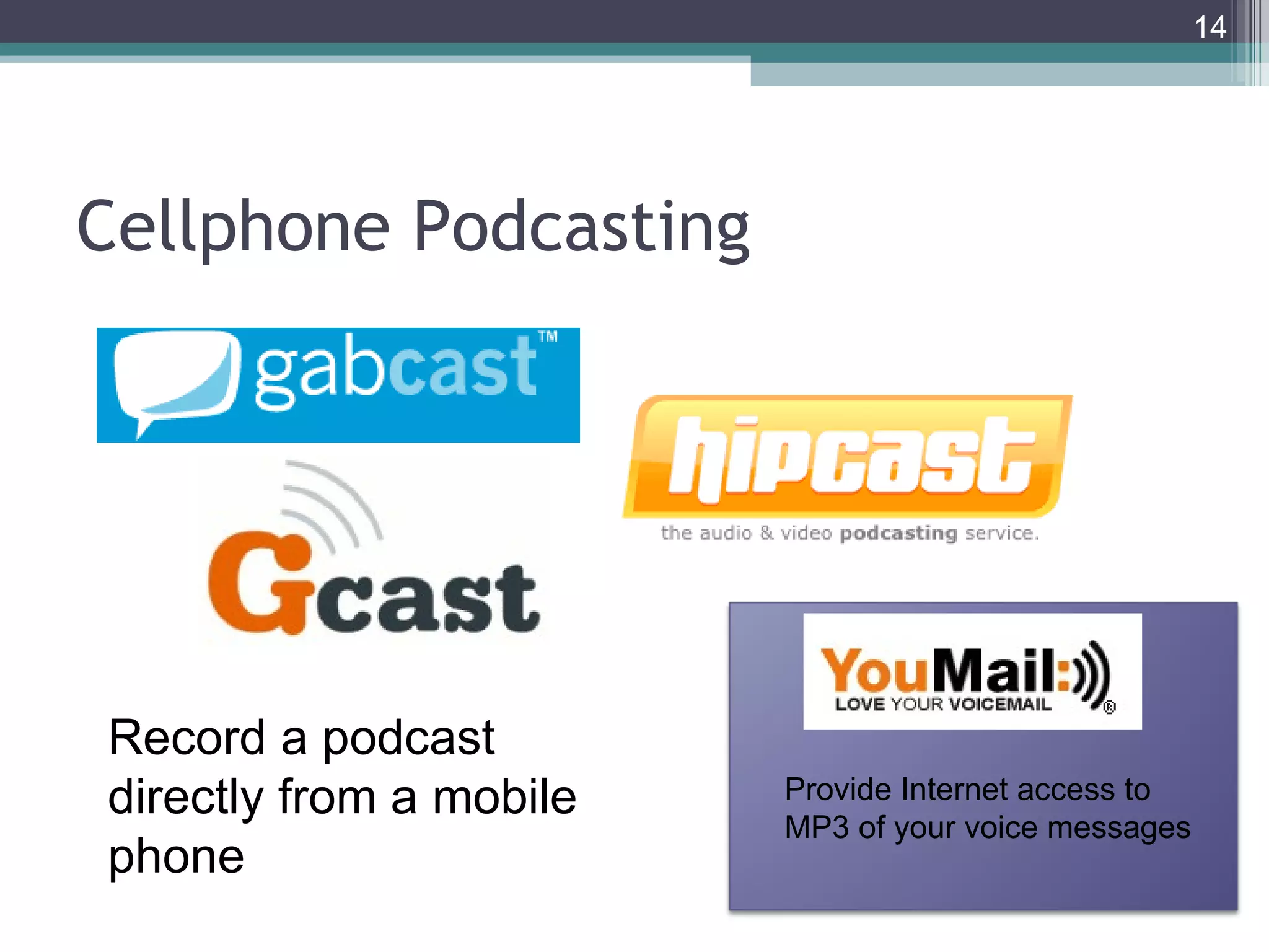14




Cellphone Podcasting




Record a podcast
directly from a mobile   Provide Internet access to
                         MP3 of your voice messages
phone
 