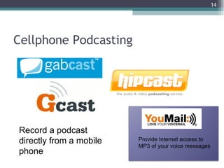 14




Cellphone Podcasting




Record a podcast
directly from a mobile   Provide Internet access to
                         MP3 of your voice messages
phone
 