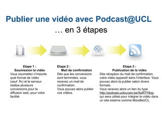 Publier une vidéo avec Podcast@UCL
… en 3 étapes
Etape 1 :
Soumission la vidéo
Vous soumettez n’importe
quel format de vidéo
(sauf .flv) et le serveur
réalise plusieurs
conversions pour la
diffusion web, pour votre
facilité.
Etape 2 :
Mail de confirmation
Dès que les conversions
sont terminées, vous
recevez un mail de
confirmation.
Vous pouvez alors publier
vos vidéos.
Etape 3 :
Publication de la vidéo
Dès réception du mail de confirmation,
votre vidéo apparaît dans l’interface. Vous
pouvez alors la publier selon divers
formats.
Vous recevez alors un lien du type
http://podcast.uclouvain.be/XeRTY8op
qui sera utilisé pour intégrer la vidéo dans
un site externe comme MoodleUCL.
 