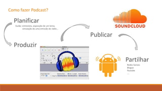 Como fazer Podcast?
Planificar
Guião: entrevista, exposição de um tema,
simulação de uma emissão de rádio…
Produzir
Publicar
Partilhar
Redes Sociais
Blogue
Youtube
….
 