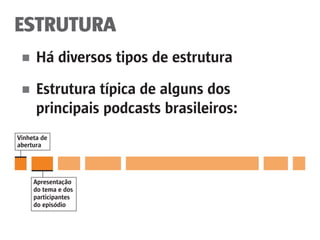 ESTRUTURA
■	 Há diversos tipos de estrutura
■	 Estrutura típica de alguns dos
	 principais podcasts brasileiros:
Vinheta de
abertura
Apresentação
do tema e dos
participantes
do episódio
 