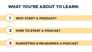 WHAT YOU’RE ABOUT TO LEARN:
1  WHY START A PODCAST?
2  HOW TO START A PODCAST
3  MARKETING & MEASURING A PODCAST
 
