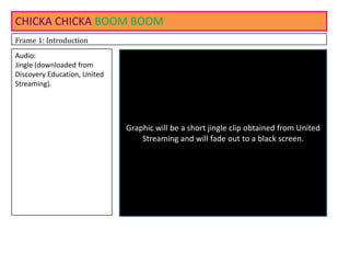 CHICKA CHICKA BOOM BOOM Frame 1: Introduction Audio: Jingle (downloaded from Discovery Education, United Streaming).   Graphic will be a short jingle clip obtained from United Streaming and will fade out to a black screen.  