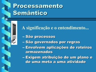 Processamento Semântico São processos São governados por regras Envolvem aplicações de roteiros armazenados Exigem atribuição de um plano e de uma meta a uma atividade A significação e o entendimento... 