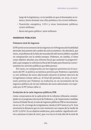 269
largo de la legislatura, en la medida en que el desempleo se re-
duzca, hasta alcanzar una cifra próxima a los 10 000 millones.
•• Transición energética, I+D+i y otras inversiones públicas:
25 000 millones.
•• Resto del gasto público: 5000 millones.
INGRESOS PÚBLICOS
Volumen total de ingresos
ElPPprevéunincrementodelosingresosenelProgramadeEstabilidad
derivado únicamente del cambio de ciclo económico. No abordará, por
tanto, el problema de la falta de recaudación del sector público español
en comparación con la media europea. Podemos, en cambio, sí tiene
como objetivo abordar una reforma fiscal que aumente la progresivi-
dad y que asegure la suficiencia fiscal del Estado para financiar correc-
tamente los servicios públicos que debe prestar.
Por tanto, en comparación con los ingresos previstos en el esce-
nario del PP, la política económica prevista por Podemos supondría
15 200 millones de euros adicionales durante el primer ejercicio de
la legislatura (véase tabla 4). Al final del periodo, en 2019, el esce-
nario previsto por Podemos se traduciría en un incremento de los
ingresos públicos de 69 700 millones de euros adicionales a lo espe-
rado por el PP (véase tabla 1).
Evolución de la ratio ingresos públicos / PIB
Como consecuencia de la aplicación de la reforma tributaria contem-
plada en el programa electoral de Podemos, y de importantes medidas
contra el fraude fiscal, la ratio de ingresos públicos / PIB se incrementa-
ría en un 3 % a lo largo de la legislatura: desde el 38 % hasta el 41 %. Esto
recortaría la distancia que en este momento nos separa de la media de
la UE-15 (8 %). Es un objetivo ambicioso, pero realista: significaría vol-
ver a alcanzar el valor de 2007, que a su vez es el más alto de la serie de
MEMORIA ECONÓMICA
 