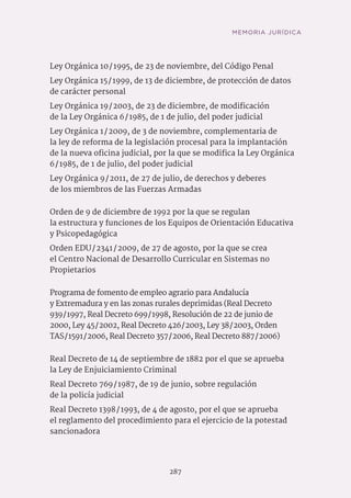 MEMORIA JURÍDICA
287
Ley Orgánica 10 / 1995, de 23 de noviembre, del Código Penal
Ley Orgánica 15 / 1999, de 13 de diciembre, de protección de datos
de carácter personal
Ley Orgánica 19 / 2003, de 23 de diciembre, de modificación
de la Ley Orgánica 6 / 1985, de 1 de julio, del poder judicial
Ley Orgánica 1 / 2009, de 3 de noviembre, complementaria de
la ley de reforma de la legislación procesal para la implantación
de la nueva oficina judicial, por la que se modifica la Ley Orgánica
6 / 1985, de 1 de julio, del poder judicial
Ley Orgánica 9 / 2011, de 27 de julio, de derechos y deberes
de los miembros de las Fuerzas Armadas
Orden de 9 de diciembre de 1992 por la que se regulan
la estructura y funciones de los Equipos de Orientación Educativa
y Psicopedagógica
Orden EDU / 2341 / 2009, de 27 de agosto, por la que se crea
el Centro Nacional de Desarrollo Curricular en Sistemas no
Propietarios
Programa de fomento de empleo agrario para Andalucía
y Extremadura y en las zonas rurales deprimidas (Real Decreto
939 / 1997, Real Decreto 699 / 1998, Resolución de 22 de junio de
2000, Ley 45 / 2002, Real Decreto 426 / 2003, Ley 38 / 2003, Orden
TAS / 1591 / 2006, Real Decreto 357 / 2006, Real Decreto 887 / 2006)
Real Decreto de 14 de septiembre de 1882 por el que se aprueba
la Ley de Enjuiciamiento Criminal
Real Decreto 769 / 1987, de 19 de junio, sobre regulación
de la policía judicial
Real Decreto 1398 / 1993, de 4 de agosto, por el que se aprueba
el reglamento del procedimiento para el ejercicio de la potestad
sancionadora
 