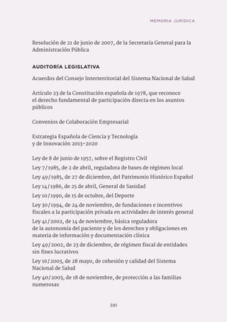 MEMORIA JURÍDICA
291
Resolución de 21 de junio de 2007, de la Secretaría General para la
Administración Pública
AUDITORÍA LEGISLATIVA
Acuerdos del Consejo Interterritorial del Sistema Nacional de Salud
Artículo 23 de la Constitución española de 1978, que reconoce
el derecho fundamental de participación directa en los asuntos
públicos
Convenios de Colaboración Empresarial
Estrategia Española de Ciencia y Tecnología
y de Innovación 2013-2020
Ley de 8 de junio de 1957, sobre el Registro Civil
Ley 7 / 1985, de 2 de abril, reguladora de bases de régimen local
Ley 49 / 1985, de 27 de diciembre, del Patrimonio Histórico Español
Ley 14 / 1986, de 25 de abril, General de Sanidad
Ley 10 / 1990, de 15 de octubre, del Deporte
Ley 30 / 1994, de 24 de noviembre, de fundaciones e incentivos
fiscales a la participación privada en actividades de interés general
Ley 41 / 2002, de 14 de noviembre, básica reguladora
de la autonomía del paciente y de los derechos y obligaciones en
materia de información y documentación clínica
Ley 49 / 2002, de 23 de diciembre, de régimen fiscal de entidades
sin fines lucrativos
Ley 16 / 2003, de 28 mayo, de cohesión y calidad del Sistema
Nacional de Salud
Ley 40 / 2003, de 18 de noviembre, de protección a las familias
numerosas
 