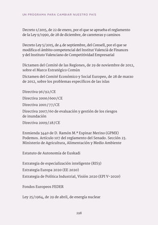 298
Decreto 1 / 2015, de 22 de enero, por el que se aprueba el reglamento
de la Ley 9 / 1990, de 28 de diciembre, de carreteras y caminos
Decreto Ley 5 / 2015, de 4 de septiembre, del Consell, por el que se
modifica el ámbito competencial del Institut Valencià de Finances
y del Instituto Valenciano de Competitividad Empresarial
Dictamen del Comité de las Regiones, de 29 de noviembre de 2012,
sobre el Marco Estratégico Común
Dictamen del Comité Económico y Social Europeo, de 28 de marzo
de 2012, sobre los problemas específicos de las islas
Directiva 96 / 92 / CE
Directiva 2000 / 600 / CE
Directiva 2001 / 77 / CE
Directiva 2007 / 60 de evaluación y gestión de los riesgos
de inundación
Directiva 2009 / 28 / CE
Enmienda 3440 de D. Ramón M.ª Espinar Merino (GPMX)
Podemos. Artículo 107 del reglamento del Senado. Sección 23.
Ministerio de Agricultura, Alimentación y Medio Ambiente
Estatuto de Autonomía de Euskadi
Estrategia de especialización inteligente (RIS3)
Estrategia Europa 2020 (EE 2020)
Estrategia de Política Industrial, Visión 2020 (EPI V-2020)
Fondos Europeos FEDER
Ley 25 / 1964, de 29 de abril, de energía nuclear
UN PROGRAMA PARA CAMBIAR NUESTRO PAÍS
 