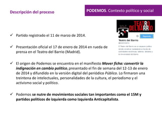 PODEMOS. Contexto político y social
 Partido registrado el 11 de marzo de 2014.
 Presentación oficial el 17 de enero de 2014 en rueda de
prensa en el Teatro del Barrio (Madrid).
 El origen de Podemos se encuentra en el manifiesto Mover ficha: convertir la
indignación en cambio político,presentado el fin de semana del 12-13 de enero
de 2014 y difundido en la versión digital del periódico Público. Lo firmaron una
treintena de intelectuales, personalidades de la cultura, el periodismo y el
activismo social y político.
 Podemos se nutre de movimientos sociales tan importantes como el 15M y
partidos políticos de izquierda como Izquierda Anticapitalista.
Descripción del proceso
 