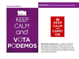 PODEMOS. Dinámicas comunicacionalesUso de narrativas
Keep Calm and Carry On es un póster producido
por el gobierno británico en 1939, al inicio de la
Segunda Guerra Mundial, con el objetivo de subir
la moral de la ciudadanía del país bajo amenaza de
una invasión inminente.
 