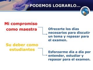 PODEMOS LOGRARLO…
Mi compromiso
como maestra
Su deber como
estudiantes
Ofrecerte los días
necesarios para discutir
un tema y repasar para
el examen.
Esforzarme día a día por
entender, estudiar y
repasar para el examen.
 