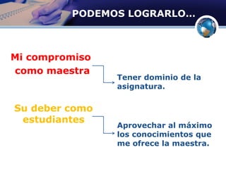 PODEMOS LOGRARLO…
Mi compromiso
como maestra
Su deber como
estudiantes
Tener dominio de la
asignatura.
Aprovechar al máximo
los conocimientos que
me ofrece la maestra.
 