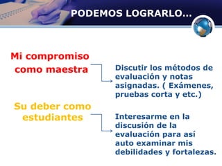 PODEMOS LOGRARLO…
Mi compromiso
como maestra
Su deber como
estudiantes
Discutir los métodos de
evaluación y notas
asignadas. ( Exámenes,
pruebas corta y etc.)
Interesarme en la
discusión de la
evaluación para así
auto examinar mis
debilidades y fortalezas.
 