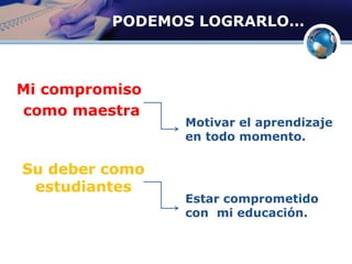PODEMOS LOGRARLO…
Mi compromiso
como maestra
Motivar el aprendizaje
en todo momento.
Estar comprometido
con mi educación.
Su deber como
estudiantes
 