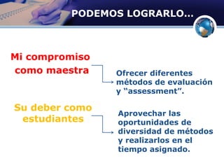 PODEMOS LOGRARLO…
Mi compromiso
como maestra
Su deber como
estudiantes
Ofrecer diferentes
métodos de evaluación
y “assessment”.
Aprovechar las
oportunidades de
diversidad de métodos
y realizarlos en el
tiempo asignado.
 